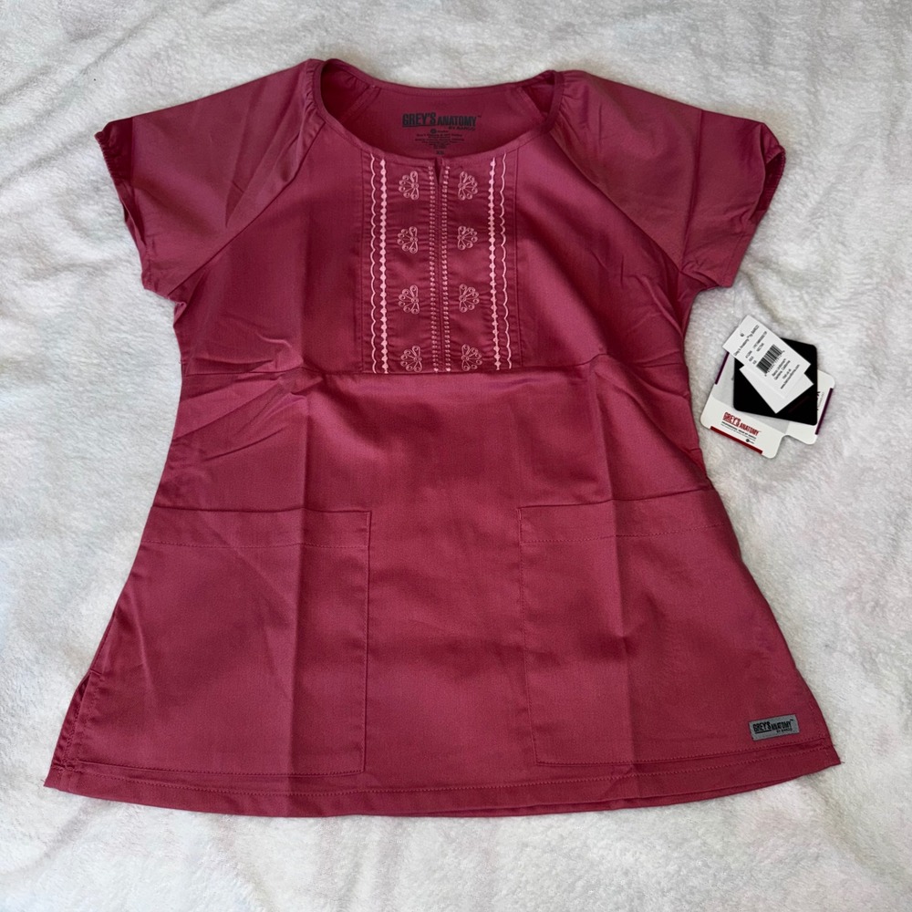 Greys Anatomy by Barco Womens Nectar Pink Embroidered Scrub Top 41284 XS NEW